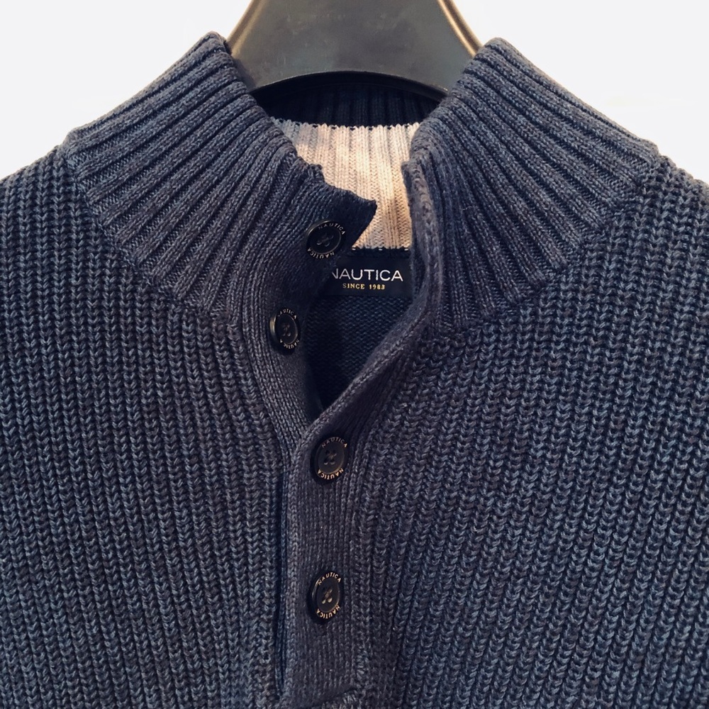 Nautica Sweater Henley Style Cotton Heathered Navy